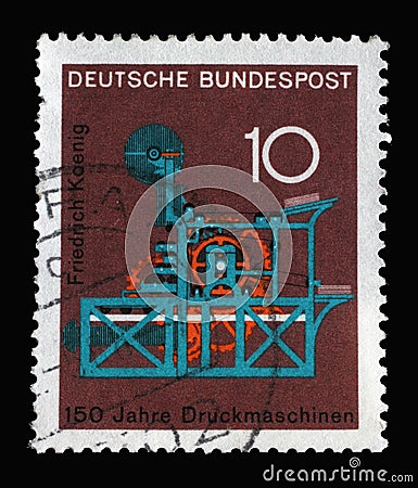 Stamp printed in Germany showing the graphic representation of a printing press, 150 years of printing presses Friedrich Koenig Editorial Stock Photo