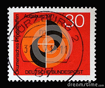 Stamp printed in Germany shows Congress emblem of Ecumenical Meeting at Pentecost of the German Evangelical and Catholic Churches Editorial Stock Photo