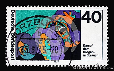 A stamp printed in Germany shows Drug Abuse Campaign to Fight Drug and Intoxicant Abuse Editorial Stock Photo