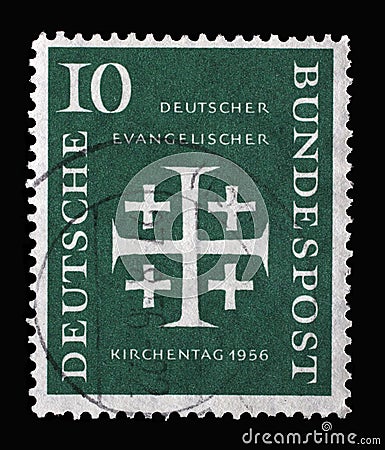 Stamp printed in Germany, shows Five crosses, German Evangelical Church Assembly Editorial Stock Photo