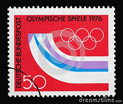 A stamp printed in Germany shows Stylized mountains in the form of runners, 12th Winter Olympic Games, Innsbruck Austria Editorial Stock Photo