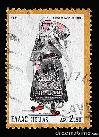 Stamp printed in Greece show Female Costume, Sarakatsana, Attica Editorial Stock Photo