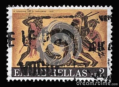 Stamp printed in Greece shows Hercules Deeds - Hercules and Geryon Editorial Stock Photo