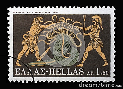Stamp printed in Greece shows Hercules Deeds - Hercules and Lernean Hydra Editorial Stock Photo