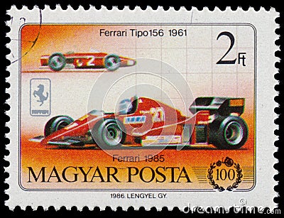 Stamp printed in Hungary shows Ferrari Editorial Stock Photo