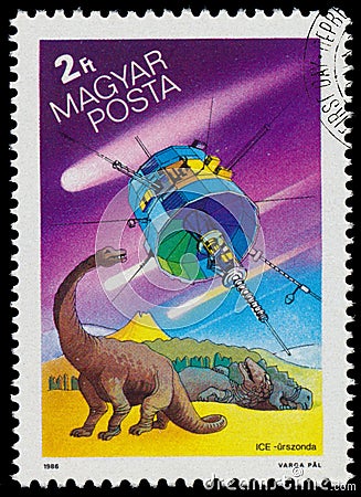 Stamp printed by Hungary, shows Halley`s Comet Editorial Stock Photo