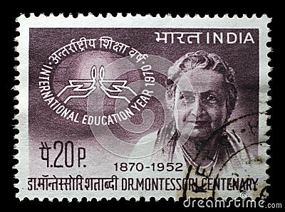 Stamp printed in India, shows Birth Centenary of Maria Montessori Editorial Stock Photo