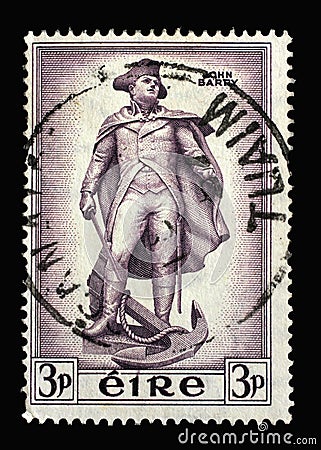 A stamp printed in Ireland shows John Barry, an Officer in the Continental Navy during the American Revolutionary War Editorial Stock Photo