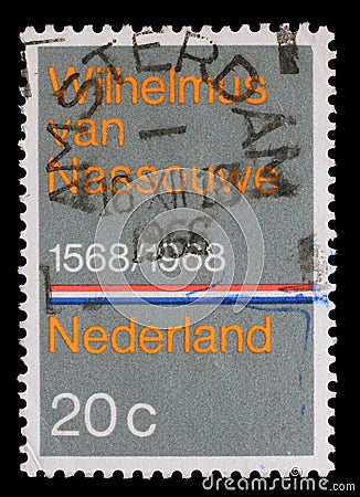 Stamp printed in the Netherlands issued for the 400th anniversary of Dutch National Anthem shows Wilhelmus van Nassouwe Editorial Stock Photo