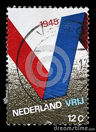 Stamp printed in the Netherlands issued for the 25th anniversary of Liberation shows V Symbol Editorial Stock Photo