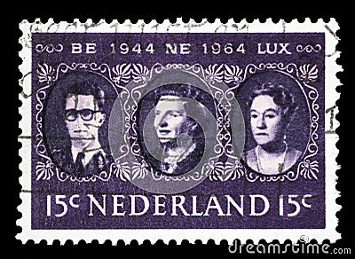 Stamp printed in the Netherlands shows King Baudouin, Queen Juliana and Grand Duchess Charlotte, Benelux Editorial Stock Photo