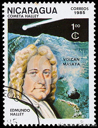 Stamp printed in Nicaragua shows Edmond Halley Editorial Stock Photo