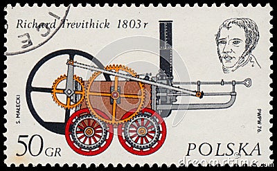 Stamp printed in Poland shows engine Editorial Stock Photo