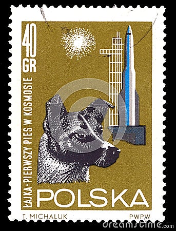 A stamp printed in Poland shows first Living being in space - dog Laika from Soviet Union USSR Editorial Stock Photo