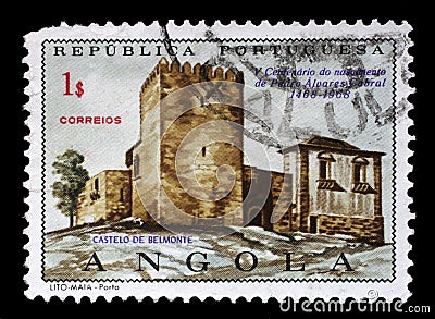 Stamp printed in the Portuguese Angola shows Belmonte Castle, Pedro Alvares Cabral Editorial Stock Photo