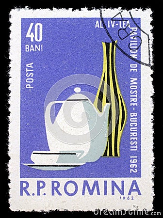 Stamp printed in Romania shows image of the 4th Sample Fair in Romania Editorial Stock Photo