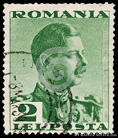 Stamp printed in Romania, shows King Carol II Editorial Stock Photo