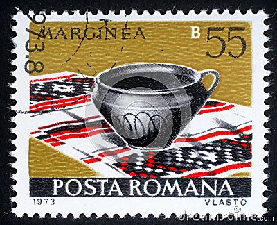 Stamp printed in Romania shows Marginea from the series Romanian pottery Editorial Stock Photo