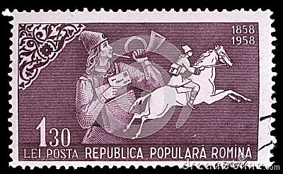Stamp printed in Romania shows Post horn blowing postman and post rider Editorial Stock Photo
