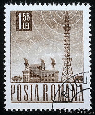Stamp printed in Romania shows Radio station and tower Editorial Stock Photo