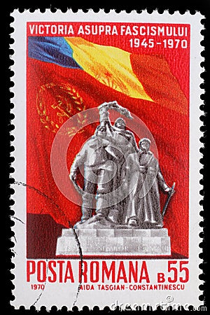 Stamp printed in Romania shows Victory Monument and flags of Romania and USSR Editorial Stock Photo