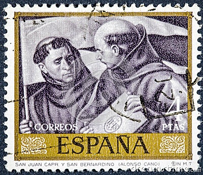 Stamp printed by Spain, shows picture Saint John Capri and Saint Bernardino by Alonso Cano Editorial Stock Photo