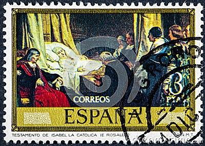 Stamp printed by Spain shows Testament Isabel the Catholic painted by Rosales Editorial Stock Photo