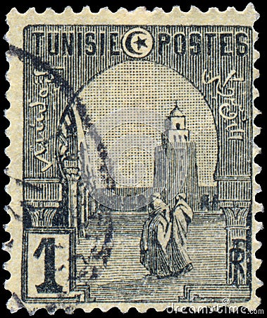 Stamp printed in Tunis, shows a Great Mosque Kairouan Editorial Stock Photo