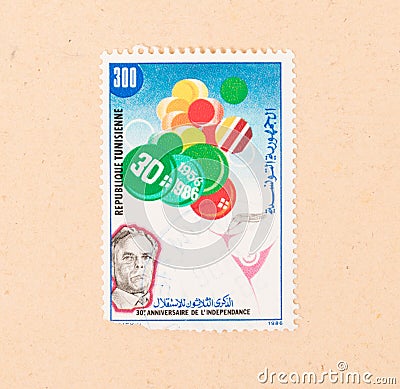 A stamp printed in Tunisia shows the president, circa 1986 Editorial Stock Photo