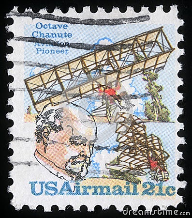 Stamp printed in the United States of America shows Octave Chanute, pioneer of aviation Editorial Stock Photo