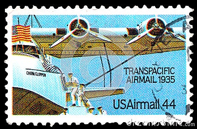 Stamp printed in United states USA, shows airplane China Clipper, from series Editorial Stock Photo