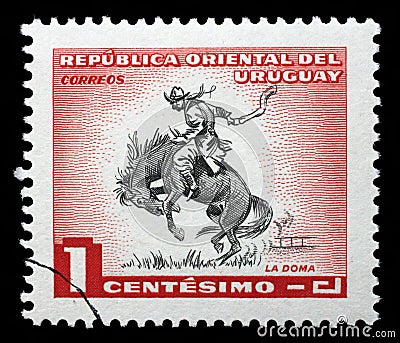 Stamp printed in Uruguay shows taming a horse Editorial Stock Photo