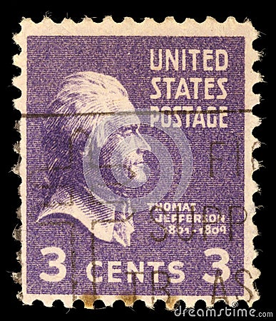 Stamp printed in the USA, a portrait 3th President of the United States, Thomas Jefferson Editorial Stock Photo