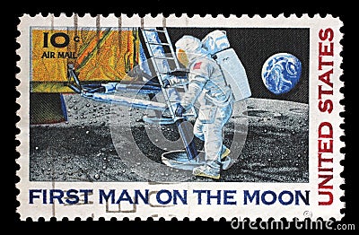 Stamp printed in USA shows Astronaut Neil Armstrong on the Moon Editorial Stock Photo