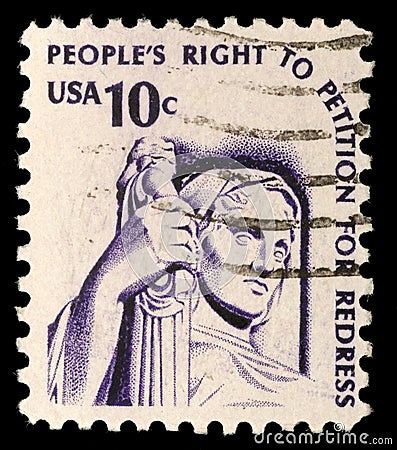 A stamp printed in the USA shows Contemplation of Justice Editorial Stock Photo