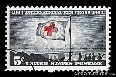 Stamp printed in USA, shows Morning Light and Red Cross Flag Editorial Stock Photo