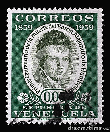 Stamp printed in Venezuela shows Alexander von Humboldt Editorial Stock Photo