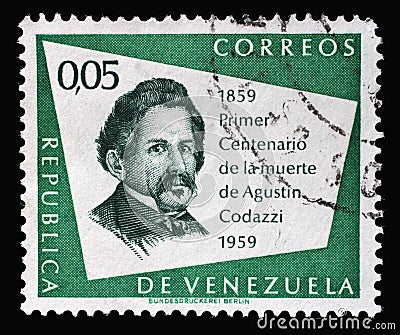 Stamp printed in Venezuela shows Centenary of the death of Agustin Codazzi, circa 1960 Editorial Stock Photo