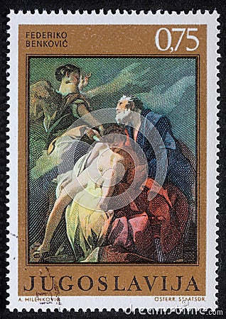 Stamp printed in Yugoslavia shows Abraham Sacrificing Isaac Editorial Stock Photo