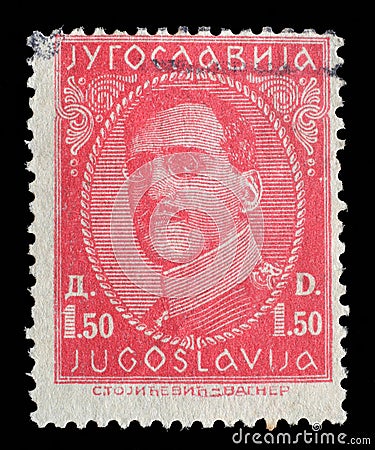 Stamp printed in Yugoslavia shows portrait king Alexander I Editorial Stock Photo