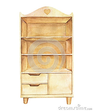 Stamp Retro Server. Empty cabinet with shelves and boxes. Light wooden color. Cartoon Illustration