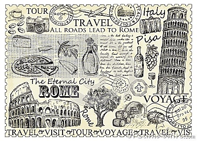 Stamp Rome Italy with Colosseum and Pisa Tower. Vector Illustration