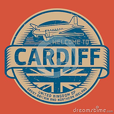 Stamp or tag with airplane text Welcome to Cardiff, United Kingdom Vector Illustration