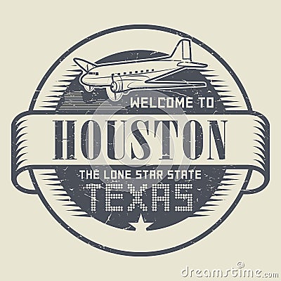 Stamp or tag with airplane and text Welcome to Texas, Houston Vector Illustration