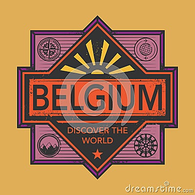 Stamp or vintage emblem with text Belgium, Discover the World Vector Illustration