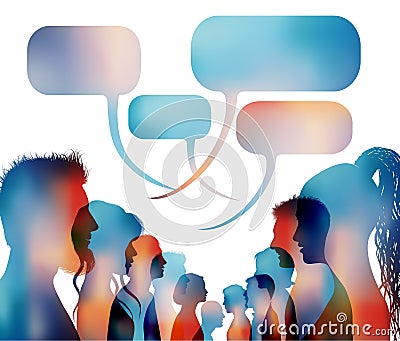 Speech bubble. Group of isolated colored people talking. Faces silhouette head profile. Networking communication. Crowd speaks. Di Stock Photo