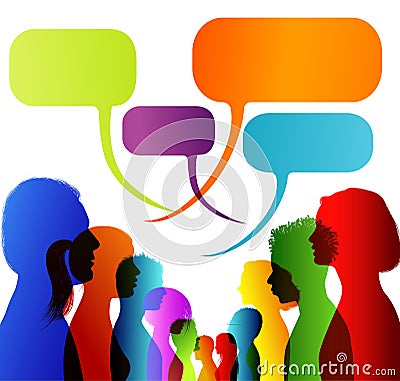 Faces silhouette head profile. Group of isolated multicolored people talking. Networking communication. Crowd speaks. Speech bubbl Stock Photo