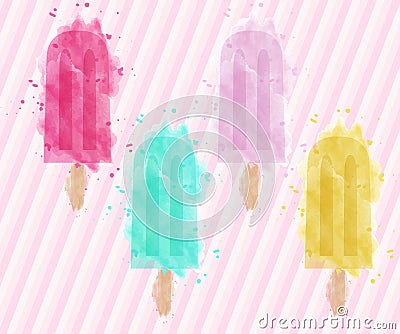 Set of four colorful vector popsicles with watercolor effect Vector Illustration