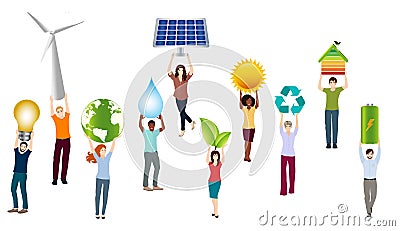 Energy community. Isolated group of people. Prosumer sustainable and renewable energy. Economic sharing of self-produced energy. A Stock Photo