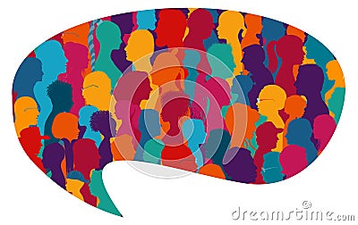 Speech bubble shape.Population.Crowd talking.Dialogue and communication group of diverse multiethnic and multicultural people.Silh Stock Photo